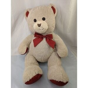 HugFun Tan Bear Plush 21 Inch Red Plaid Ears Bow Paws Stuffed Animal Toy